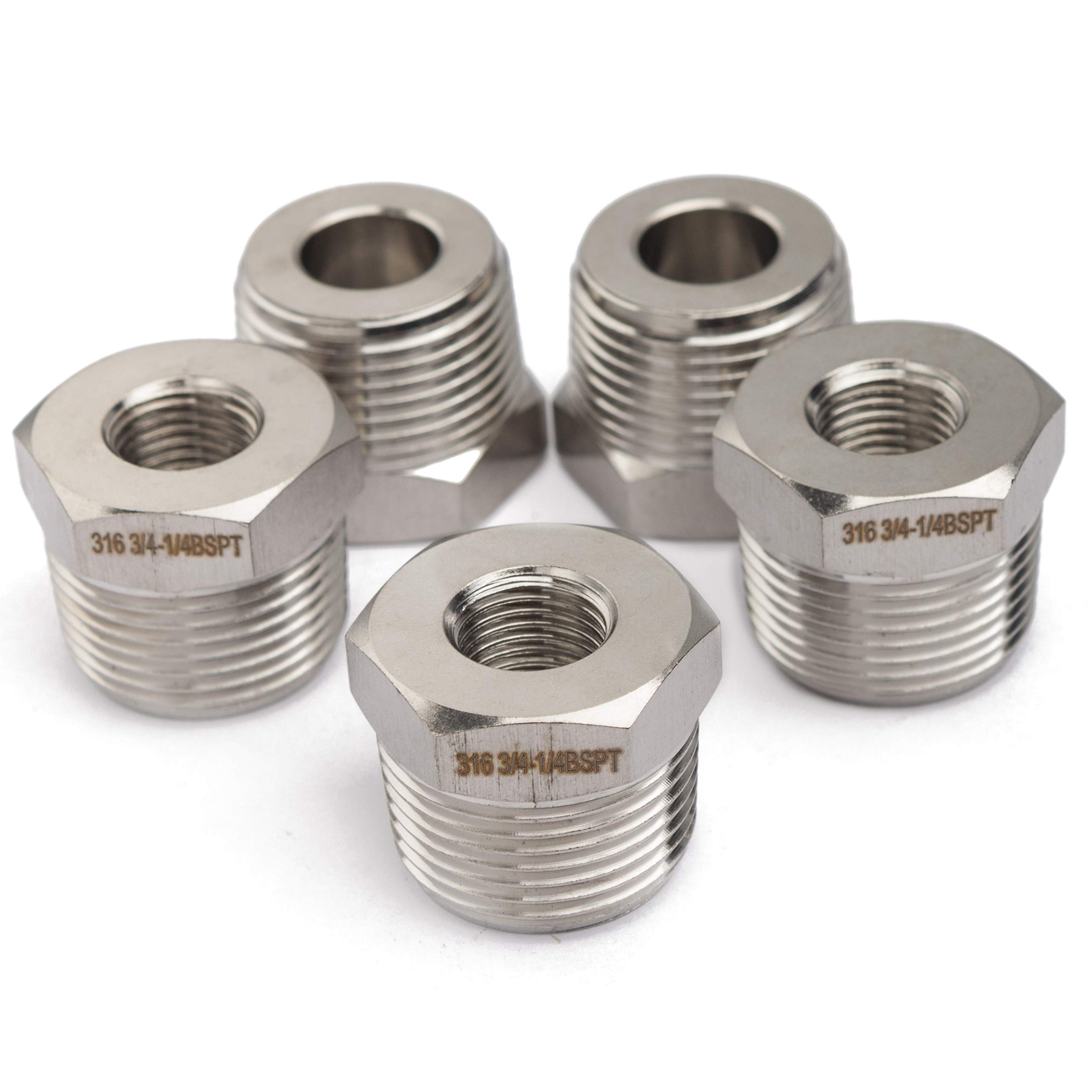 LTWFITTING Stainless Steel 316 Pipe Hex Bushing Reducer Fittings 3/4" Male BSPT x 1/4"(6mm) Female BSPP (Pack of 5)