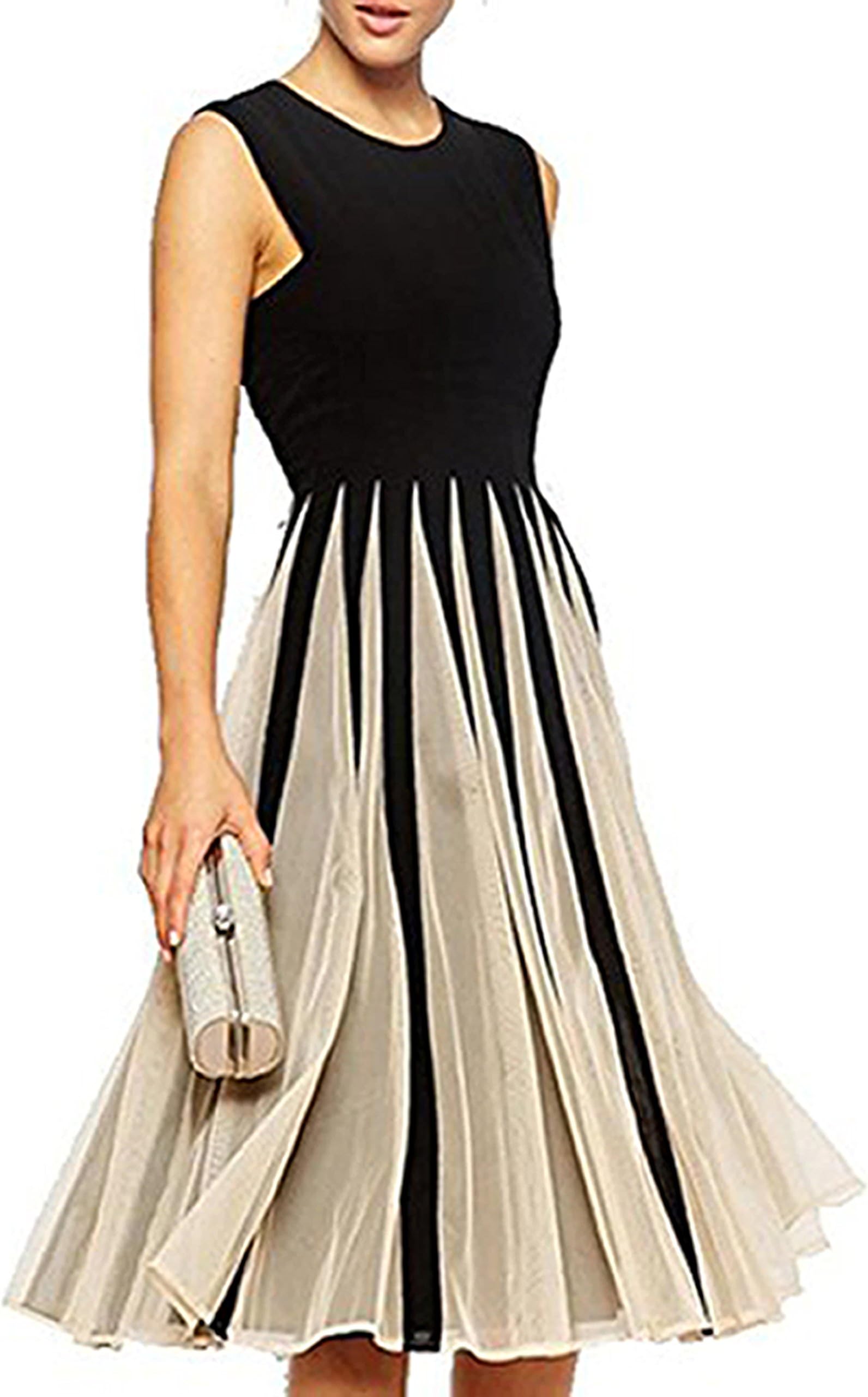 SixKiss Women's Summer Chiffon Round Neck Sleeveless Pleated Casual Swing Dress