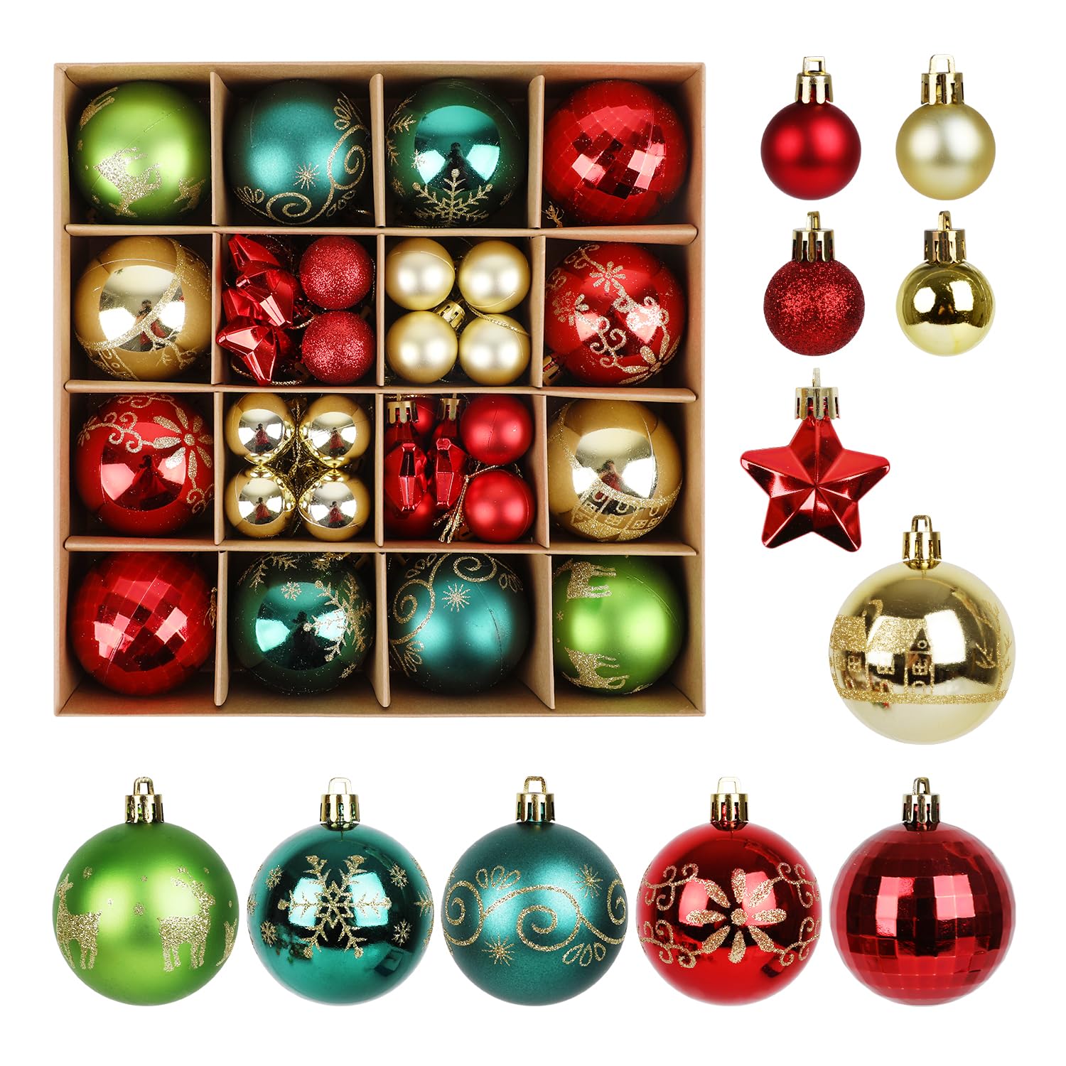 ZALAON 44 Pcs Christmas Ball Ornaments, 1.2/2.3 Inch Red Gold and Green Christmas Baubles Christmas Tree Hanging Ball Set for Xmas Party Indoor Outdoor Decorations