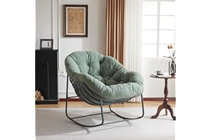 YDCOSYFY Oversized Outdoor Papasan Rocking Chair with Soft Cushion, Comfy Patio Egg Chair, Wicker Lounge Rocker for Balcony/Porch/Garden, Reinforced All Weather Rattan Frame, 330 lbs Support, Hunter Green