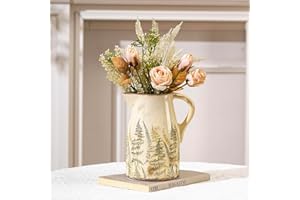 SURE YUESI Vintage Ceramic Pitcher Vase with Handle, Farmhouse Green and Purple Large Floral Vases, French Country Decorative Vase, Rustic Table Centerpiece for Home Decor, Bookshelf, Office 7.3 Inch