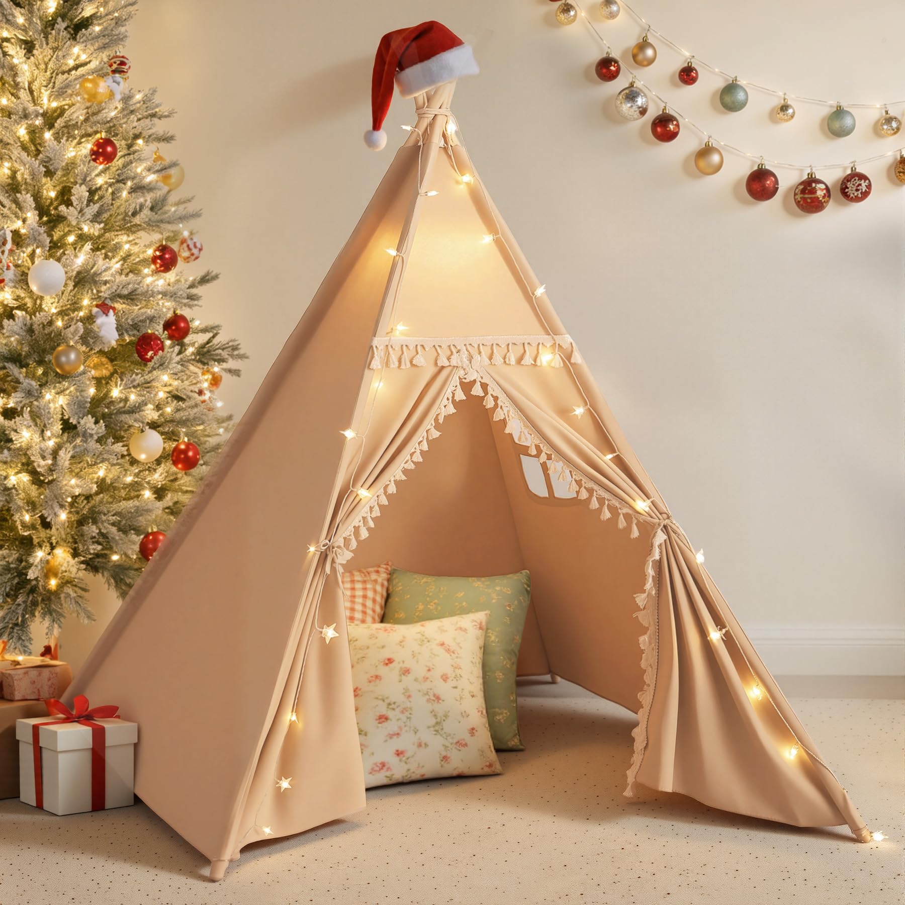 Sumbababy Kids Teepee Tent Indoor, Washable Cotton Canvas Play Tent with Tassel Trim, Foldable Toddler Tent for Girls & Boys Sleepover Party, Gift Set with Star Lights, Banner & Carry Bag, Khaki Image
