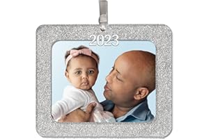 EXPRESSLY YOURS! PHOTO EXPRESSIONS 2023 Photo Ornaments for Christmas Tree Decoration - Personalized Christmas Frame Ornament Gift for Family - Easy-Load Magnetic Design, Includes Photo Protector, Horizontal - Silver