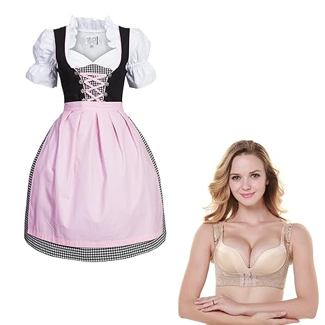 Gaudi-Leathers Dirndl Set 4 TLG. schwarz weiß kariert, Dirndlbluse, Schürze in rosa + Büstenhebe BH Push-Up, Marke