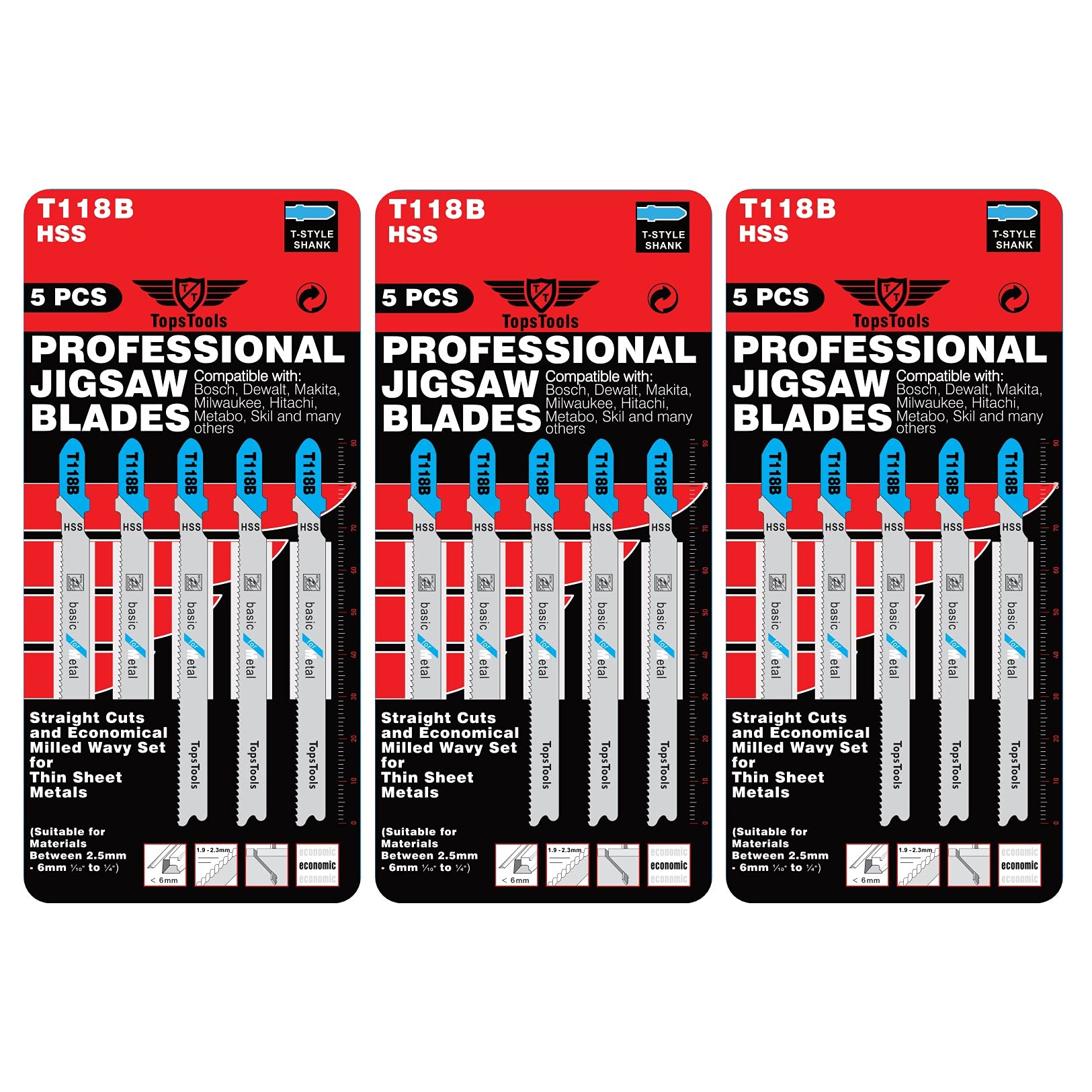 15 x TopsTools T118B 91mm Jigsaw Blades Designed for Metals