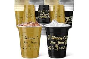 Vesici 100 Pcs 12 oz Happy New Year Disposable Plastic Cups Black Gold Drinking Cups New Year Party Supplies for Holiday Christmas