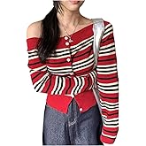 OYOANGLE Women's Striped Button Off The Shoulder Sweater Long Sleeve Fitted Knit Sweaters Fall Tops