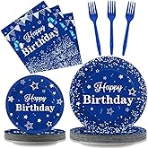 Tevxj Birthday Party Tableware Set, 96PCS Navy Blue and Silver, Disposable Plates, Napkins, Forks for 24 Guests, Place Setting for Men and Boys