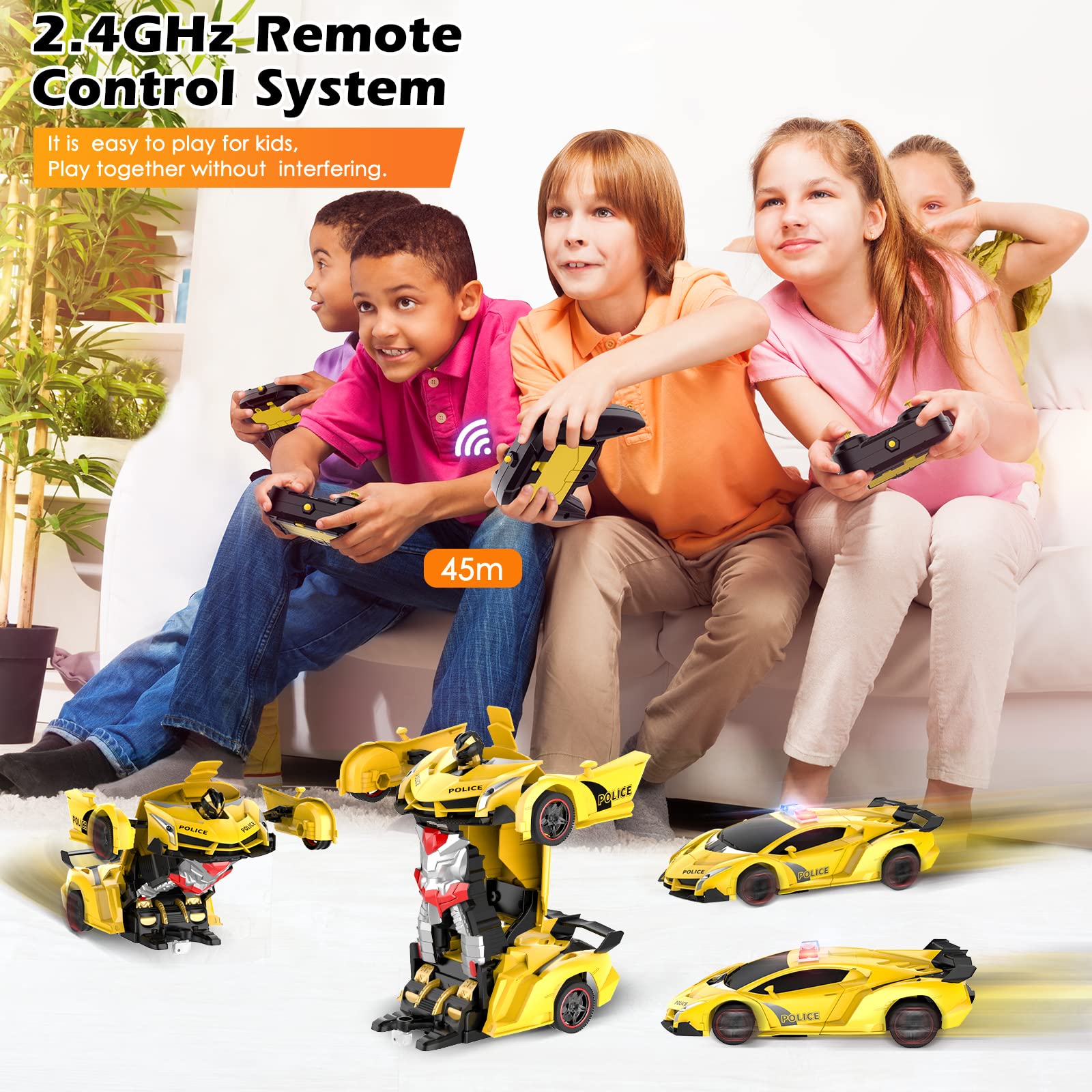 Febyhim Remote Control Car, 2.4Ghz Transform RC Cars, 1:18 Scale Police Car Toy with Flashing Light, One Button Transformation,360 Degree Rotating Drifting Toys for Boys Age 4-7