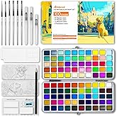 Watercolor Paint Set, 100 Colors, Travel Water Colors kit with 9 Brushes, 3 Swatch Cards, Palette set Including Metallic and Accessories Art Supplies Gifts for Beginners, Artists, Adults and Hobbyists