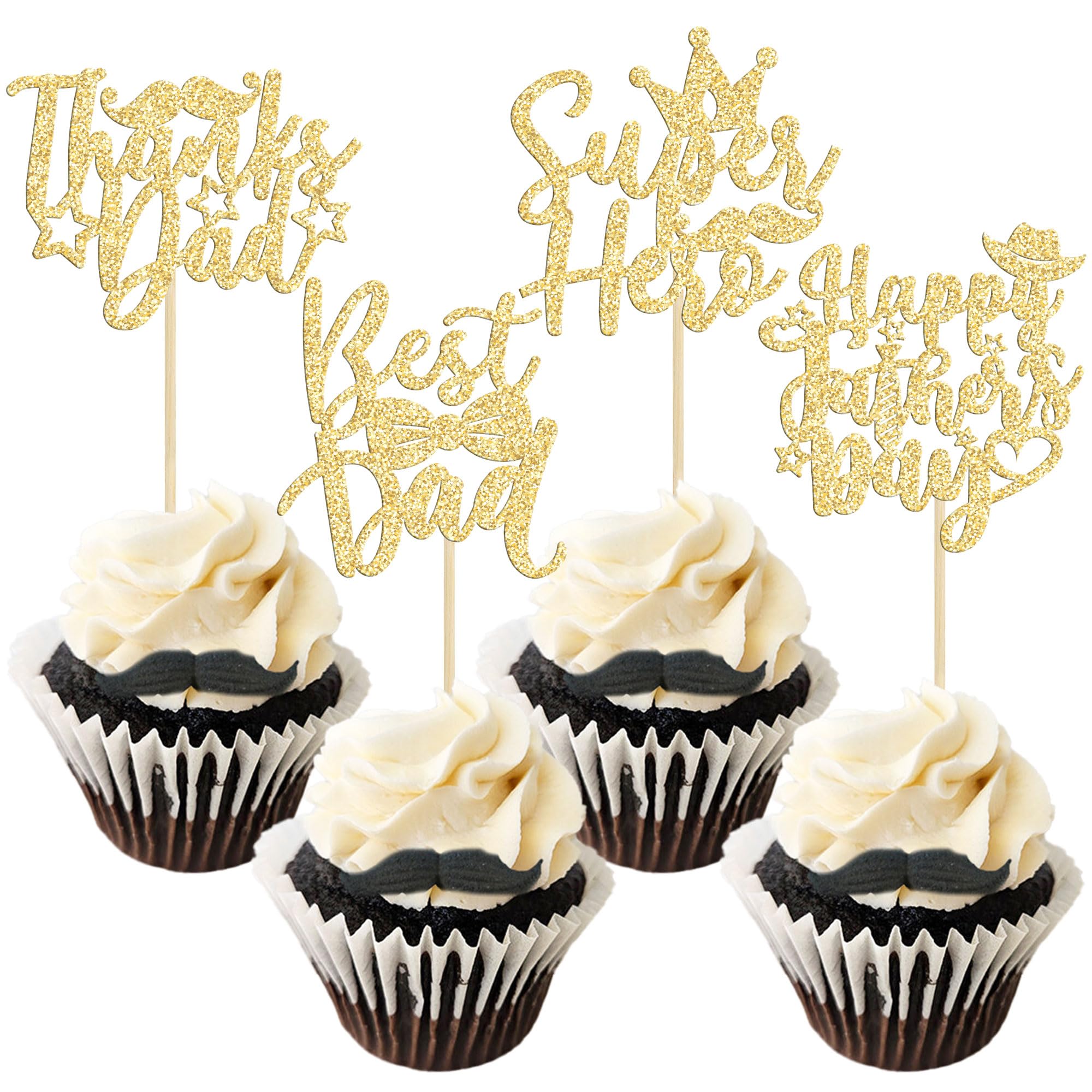 Gyufise 24Pcs Gold Glitter Father's Day Cupcake Toppers Best Dad Cupcake Picks Thanks Dad Cake Decorations Toppers Picks for Father's Birthday Party Supply