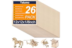 Yalumo Basswood Sheets 12 x 12 x 1/8 Inch, 26 Packs Plywood Sheets Unfinished Wood for Crafts 3mm Thick Basswood for Laser Cutting, DIY Architectural Models, Engraving, Wood Burning, Painting