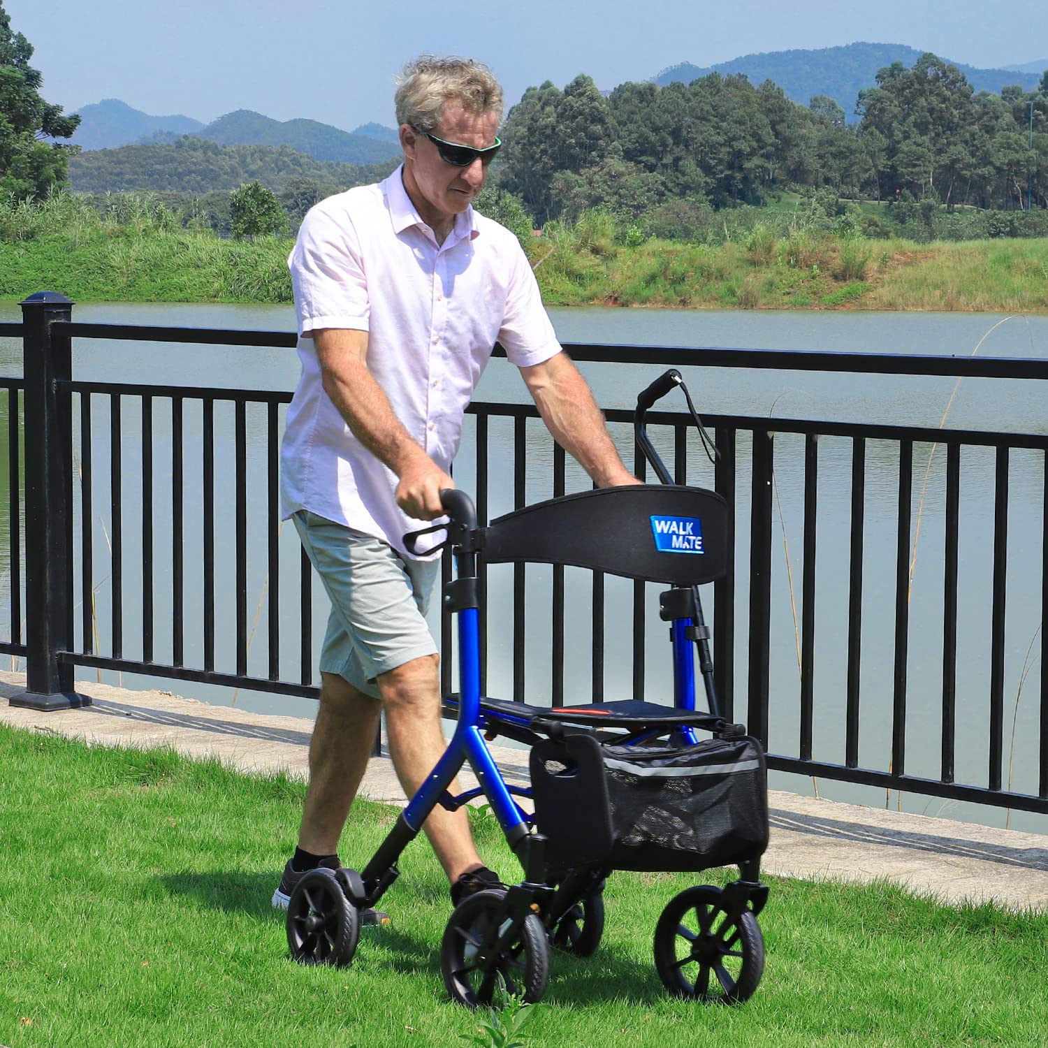 Rollator Walker for Seniors Taller 5.3~7ft with Height-Adjustable Seat, 10 Inch Wheels Wire-Hidden Walkers Compact Folding Design Lightweight Mobility Walking Aid Widen Backrest, Blue