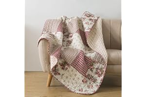 SLPR Country Roses 50" x 60" Cotton Quilted Throw Blanket, Pink Patchwork Pieced Throw Quilt for Couch, Lightweight French Country Style Floral Lap Quilt with Red Rose Flower Pattern