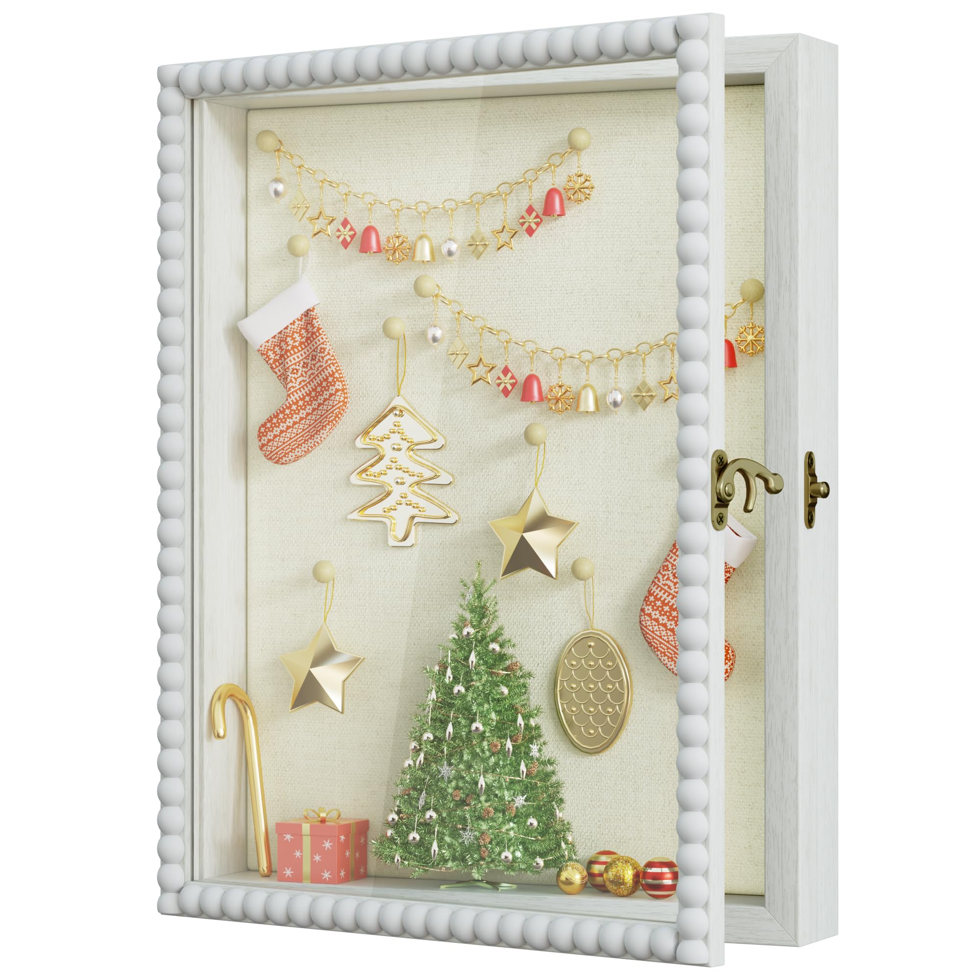 Photo 1 of Love-KANKEI Shadow Box Frame 11x14, Deep Large Shadow Box Display Case with Unique Beads Door and Glass Window, Wood Memory Box for Pictures,Medals,Memorabilia,Collections White