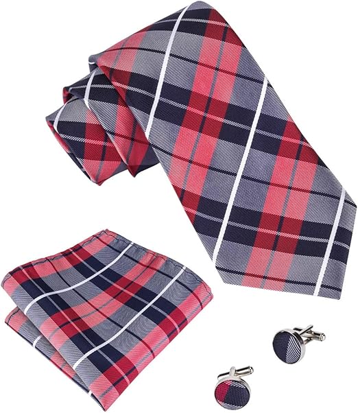 Mens Tie Red Plaid 100 Silk Jacquard Woven Necktie Hanky