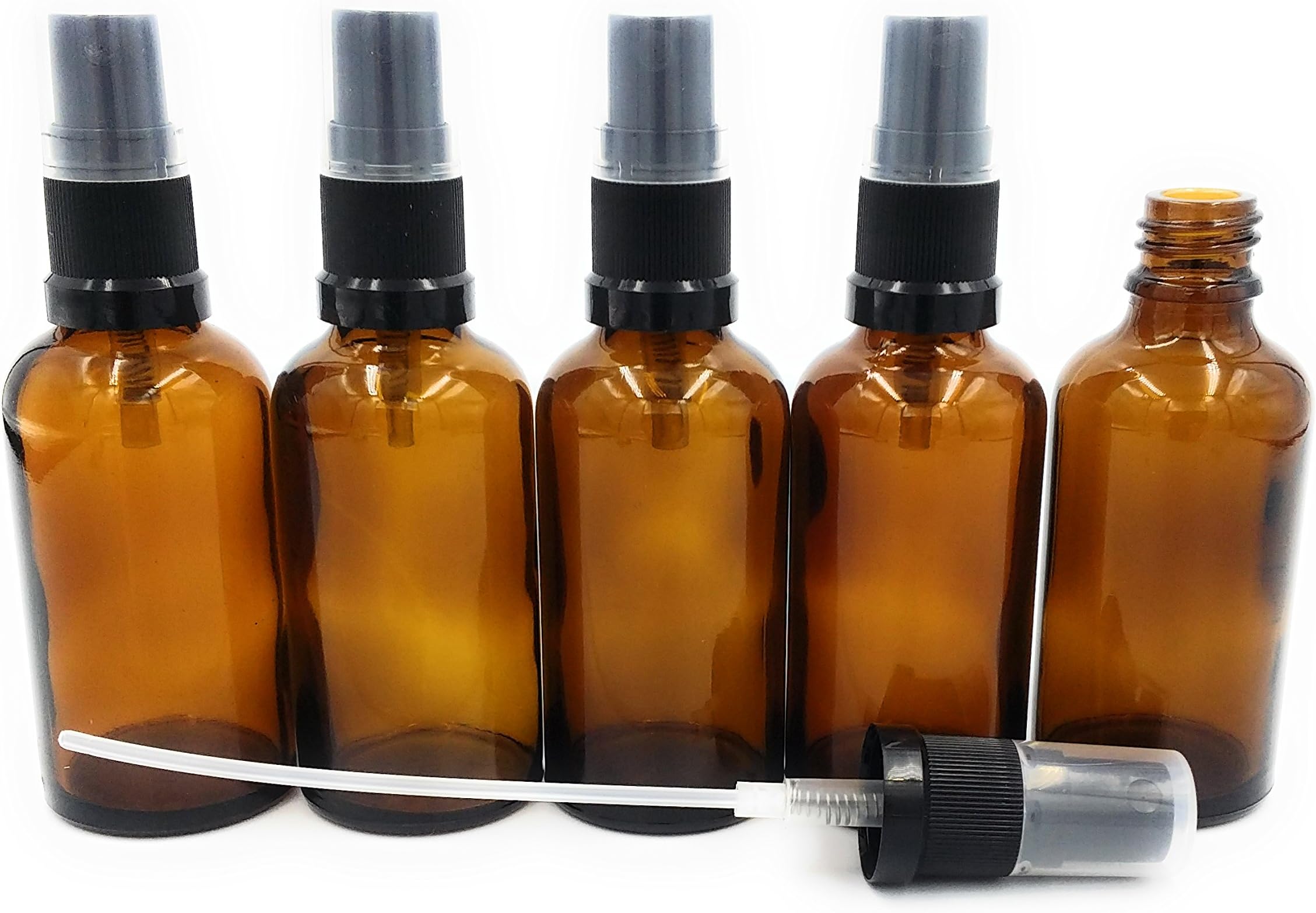 Amber Glass 5 x 50 ml bottle with Spray Pump/Atomiser DIN 18 Black / Transparent with Protective CAP ***Cosmetic Quality Manufactured in accordance with the European Pharmacopoeia ***