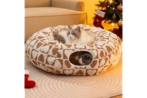 Grelife Cat Tunnel Bed for Indoor Cats, Cat Tunnel Christmas Tree Skirt, Cat Donut Tunnel Toys with Warm Fluffy Plush, Non-Slip Base, Removable Cushion, Perfect for Cats, Kittens, Small Pets(33.51")