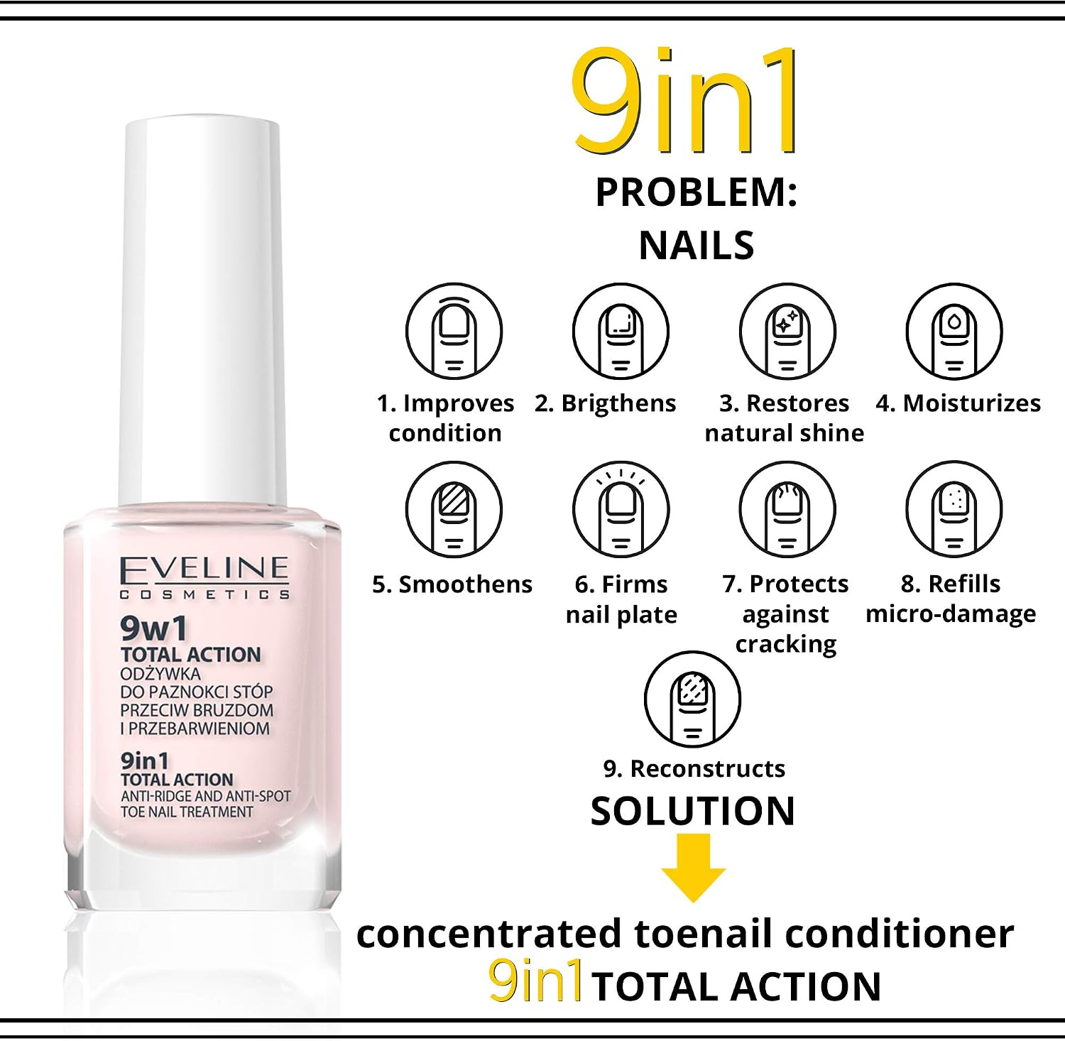 Eveline Cosmetics Toe Nail Therapy 9in1 Total Action Concentrated Nail Conditioner + Strengthener + Hardener | 12ml | Repair Treatment | Easy Application | Immediate Effects - Image 4