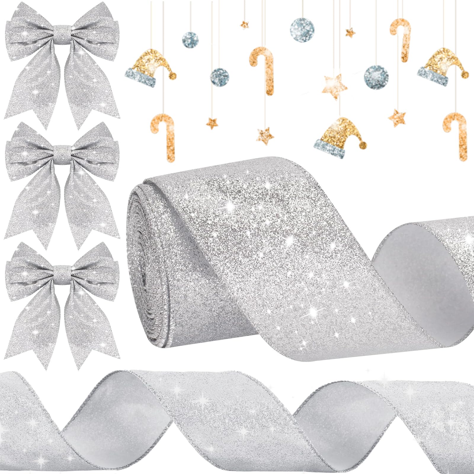 Christmas Ribbon, Christmas Decorations, 9.1m Soft Velvet Ribbons 63mm Xmas Tree Ribbon for Xmas Crafts, Gift Wrapping, Wreath, Top Bows, Sewing Xmas Tree Decorations (Silver)