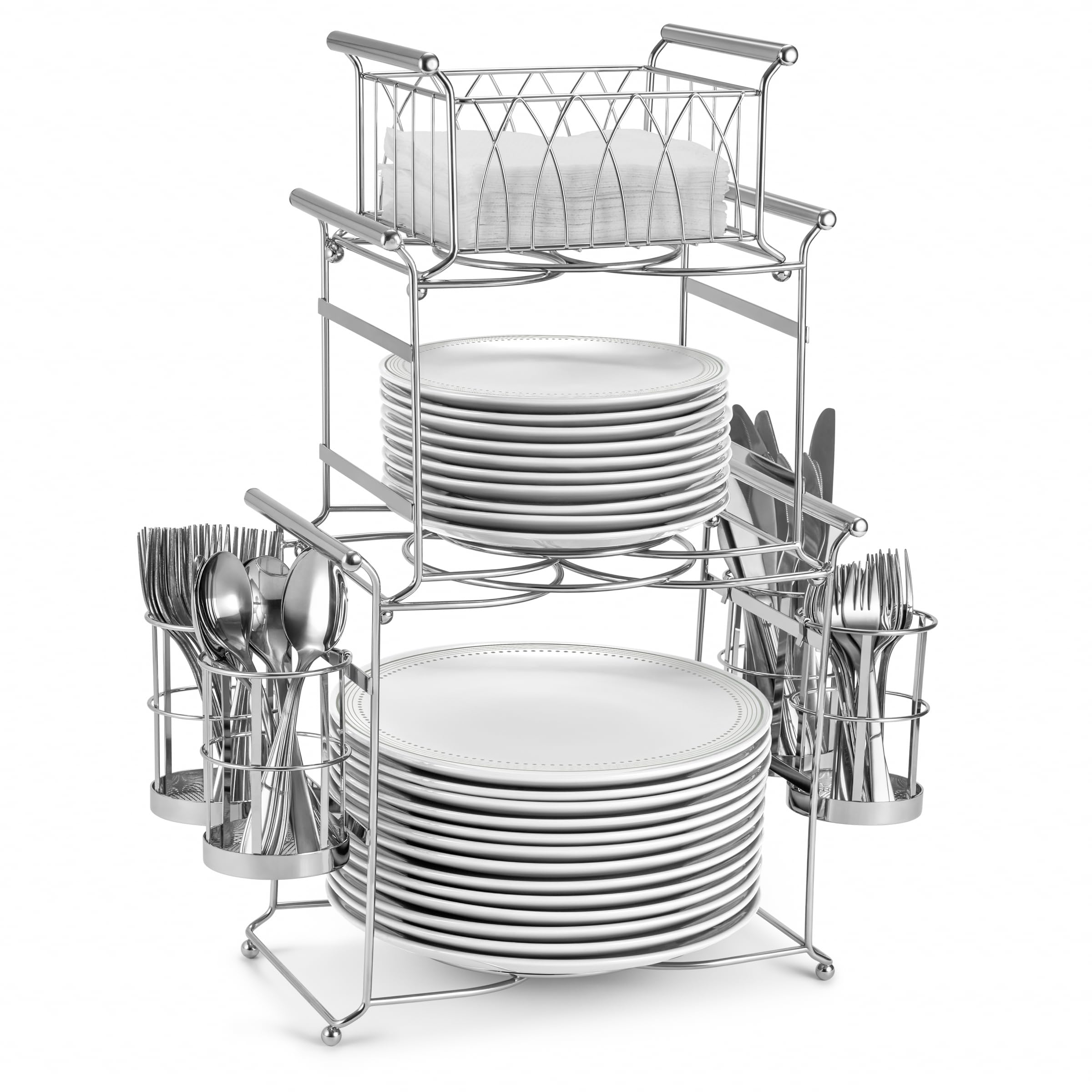 Photo 1 of Sorbus Buffet Caddy — 7-Piece Stackable Set Includes Plate, Napkin, and Silverware Holder, 3-Tier Detachable Tabletop Organizer Ideal for Kitchen, Dining, Entertaining, Parties, Thanksgiving (Silver)