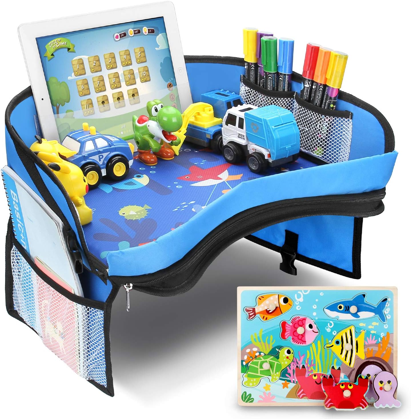 FITNATE Kids Travel Tray for Car, Plane, Stroller Seat Tray, Everything is All Surrounded Food & Snack Tray, Big Holder for Any Size Ipad, Waterproof & Portable & Detachable for organizing (Blue)