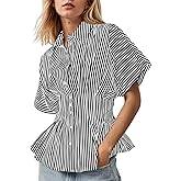 Soamat Womens Striped Shirts Button Down Short Sleeve Pleated Peplum Blouses Dressy Casual Lapel Tops Summer Business Shirt
