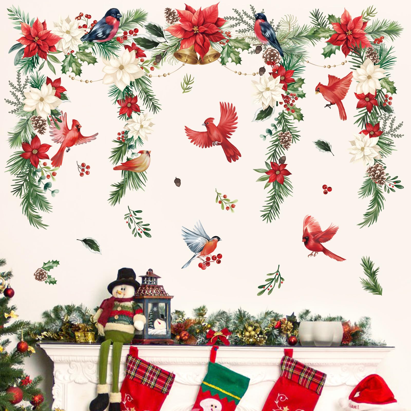 wondever Christmas Flower Cardinal Wall Stickers Christmas Leaves and Floral Red Bird Christmas Window Wall Art Decals for Christmas Party Window Xmas Home Party