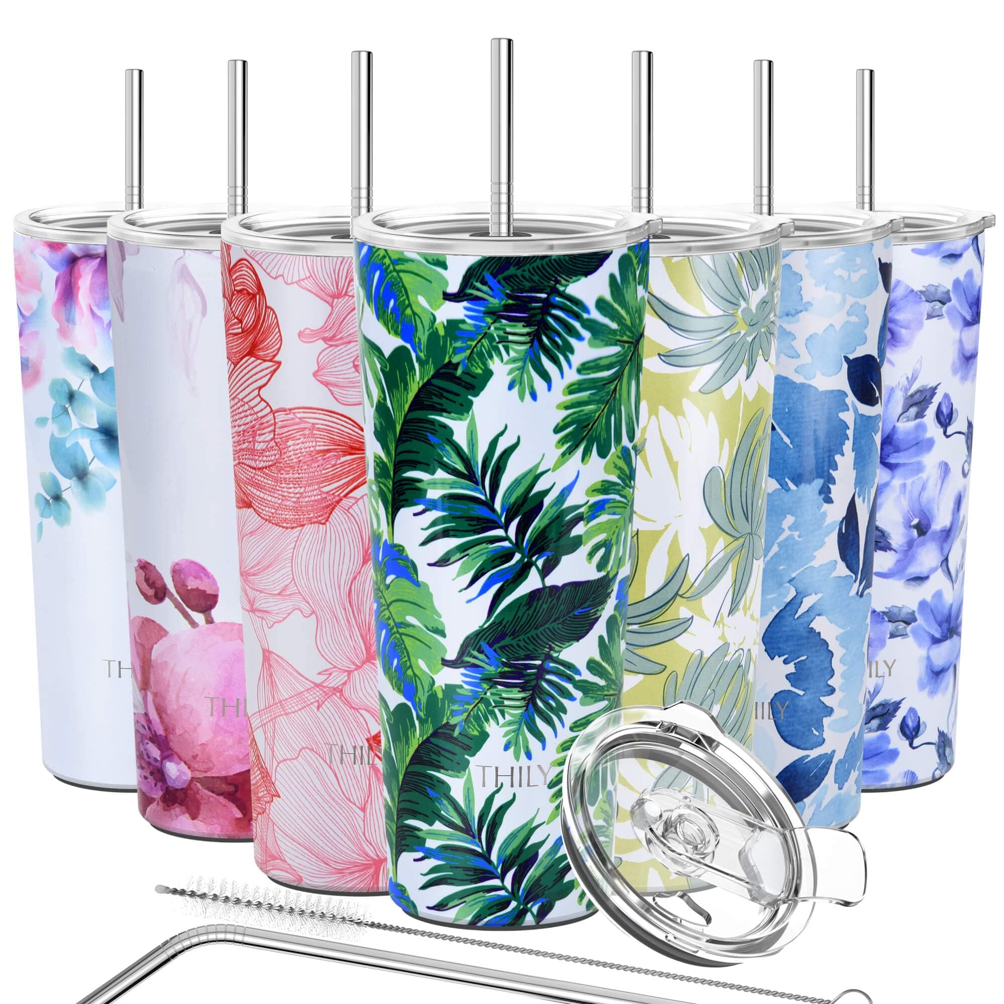 THILY Tumbler Stainless Steel Coffee Cup 26 oz Triple-Insulated Travel Mug with Splash-Proof Lid, for Ice Drinks and Hot Beverage Smoothies Cup, Green Plants