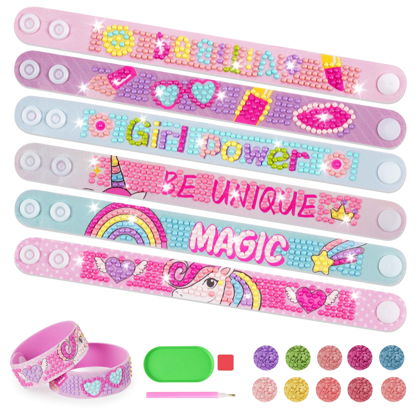 AUAUY Diamond Painting Bracelet, 6PCS DIY Diamond Art Bracelet Kit, DIY Diamond Wristbands Mosaics Stickers Kit, Adjustable Bracelet Colorful Dot Diamond Decorative Wristband, Arts and Crafts for Kids
