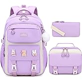 DIGOBAY 3PCS Girls Backpack for School, Kids Backpack for Girls with Lunch Box Pencil Case Set for Teen Girl Elementary Primary Middle High College School Bookbag with Cute Pins (Purple)