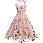 Women Keyhole Floral Embroidery Dress Sheer Mesh Illusion Vintage Homecoming Dresses Short Summer Tulle Prom Wedding Guest Dress Formal Dinner A-line Bridesmaid Cocktail Party Dress Pink-Seaweed S