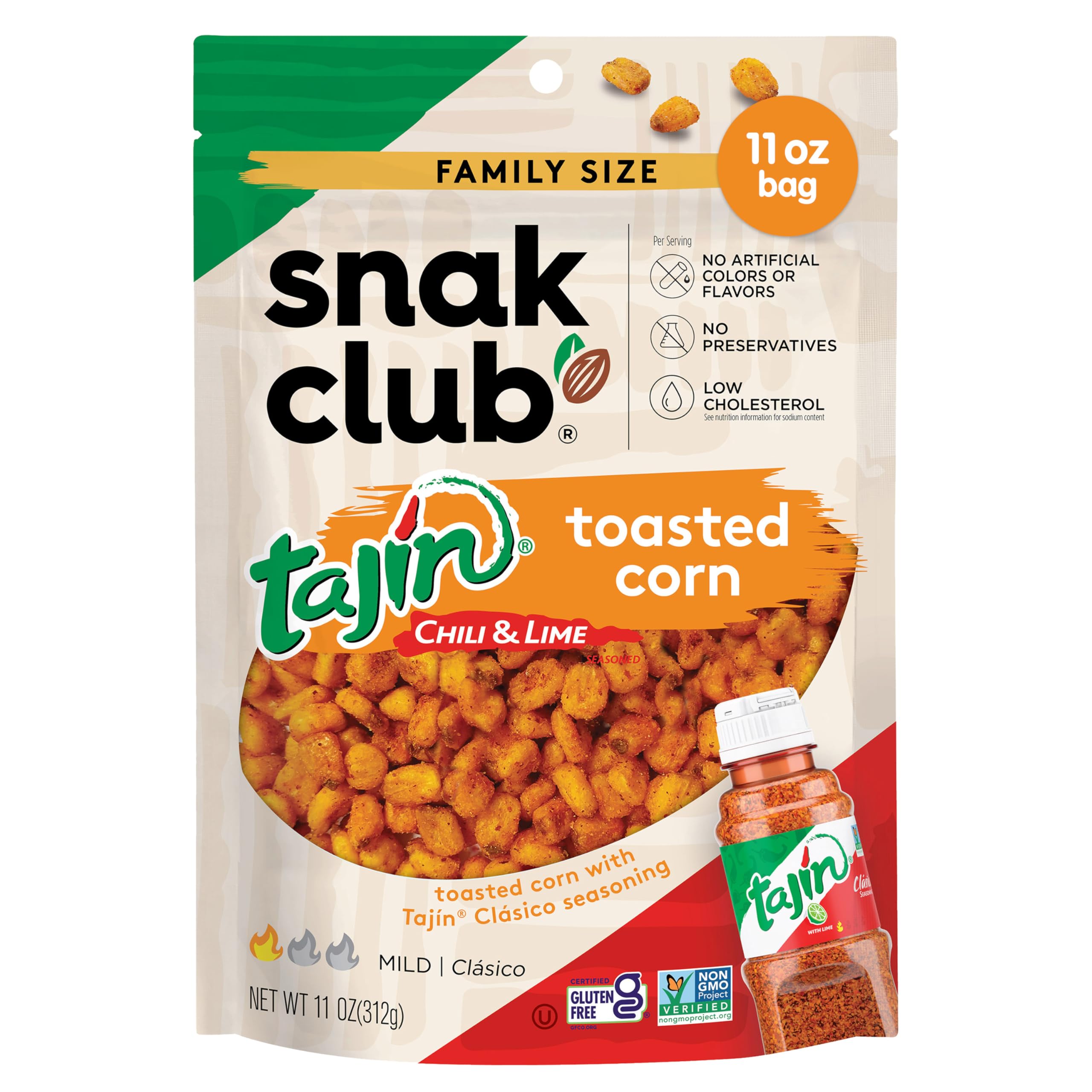 Photo 1 of **EXP:12/22/2025** Snak Club Tajin Toasted Corn, Roasted Corn Nuggets with Chili and Lime Seasoning, Mild, Non-GMO, Gluten-Free, Kosher Snack, No Artificial Colors or Flavors, Low Cholesterol, 11 oz Resealable Bag