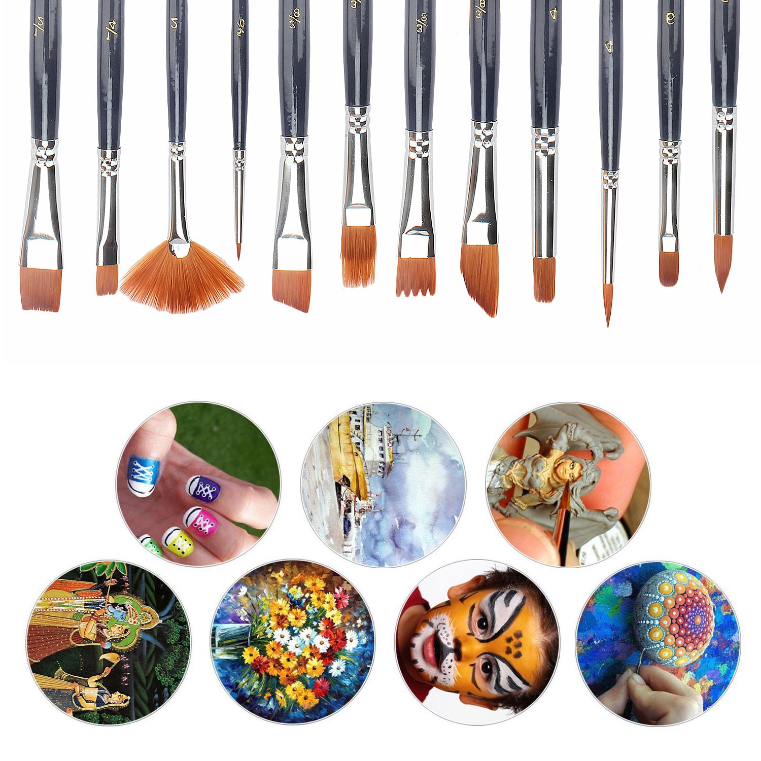 Paint Brush Set, Morkia 12pcs Round Pointed Tip Nylon Hair Artist Acrylic Brushes and 2pcs Paint Tray Palettes for Watercolor Acrylics, Oil Painting Supply