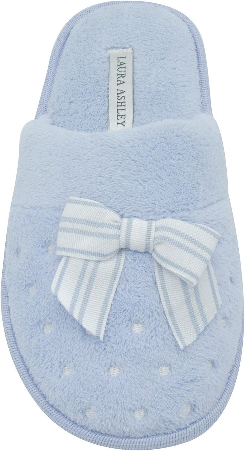 Laura Ashley Ladies Soft Terry Slippers with Scuff Dots and Embroidered Bow in Blue