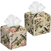 Spring Bird 2 Pcs Tissue Box Cover Square Leather Tissue Case Holder Facial Paper Organizer Decorative for Bathroom Kitchen Car Office Home Decor