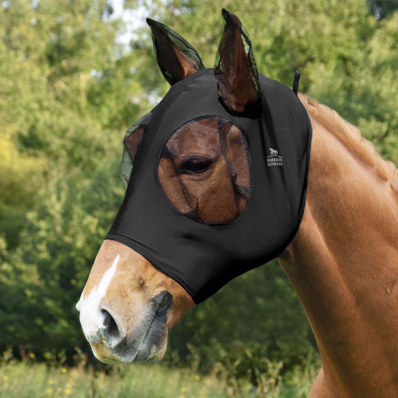 Harrison Howard Super Comfort Stretchy Fly Mask Large Eye Space with UV Protection Soft on Skin with Breathability-Piano Black