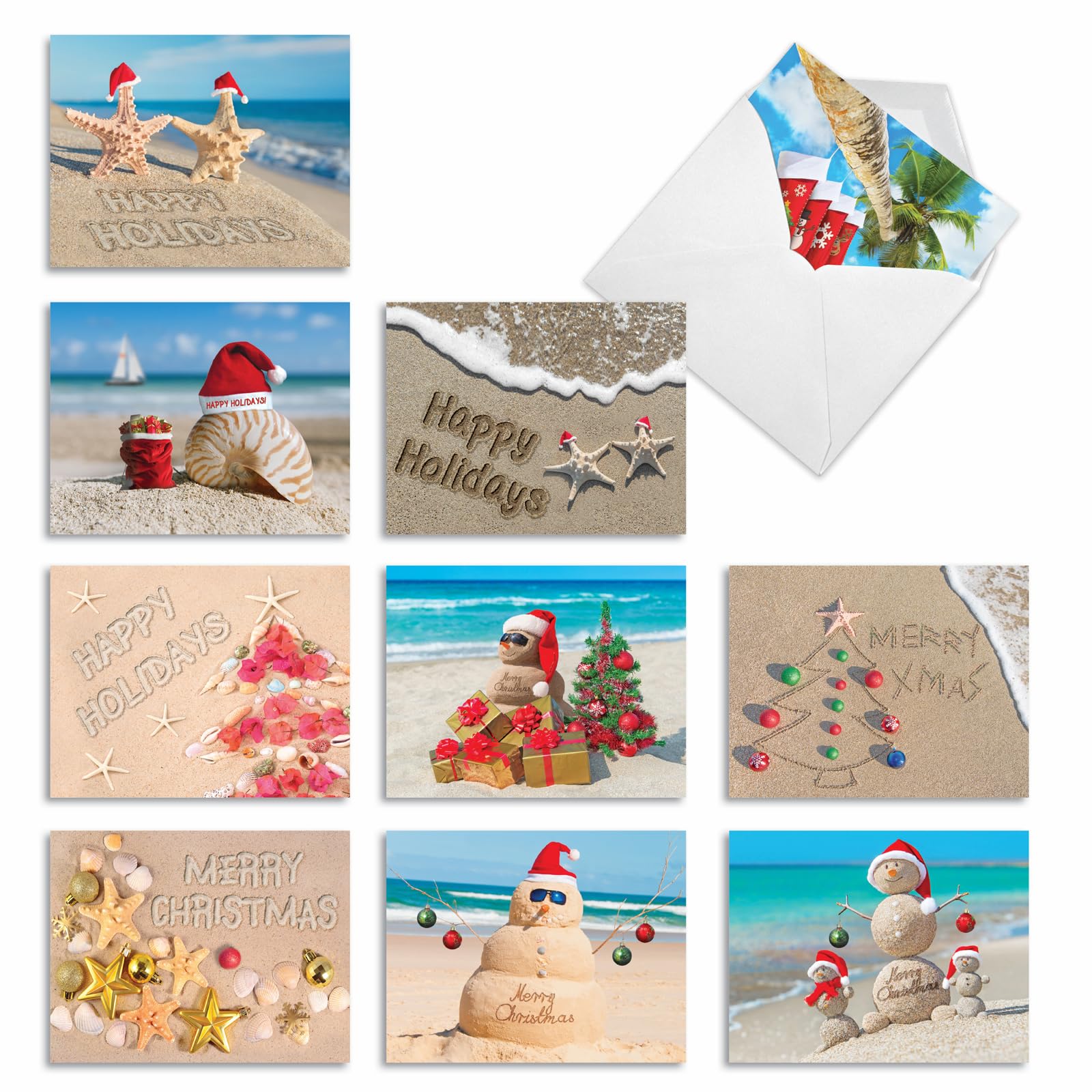 The Best Card Company - 10 Snowman Christmas Cards Blank - Bulk Box of Notecards with Envelopes, Assortment (4 x 5.12 Inch) - Season's Beachin M6651XSB