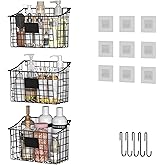 Wall Mounted Bin Basket with 5 Hooks 3 Label Plate Adhesive-3 Pack, Cabinet Hanging Metal Wire Basket,Rustic Farmhouse Decor, Storage Organization Shelf for Pantry Kitchen Bathroom 10.6*7.5*5.1inch
