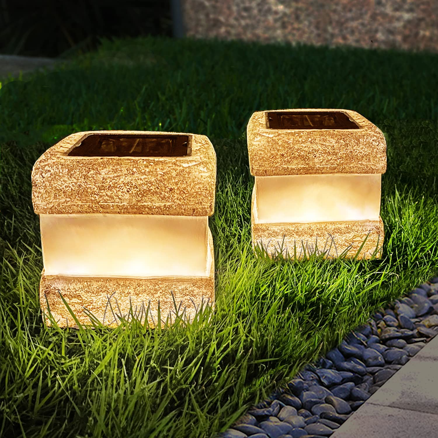 2 Pack Solar Garden Lights, Fake Rock Lights for Outdoor Pathway Yard ...