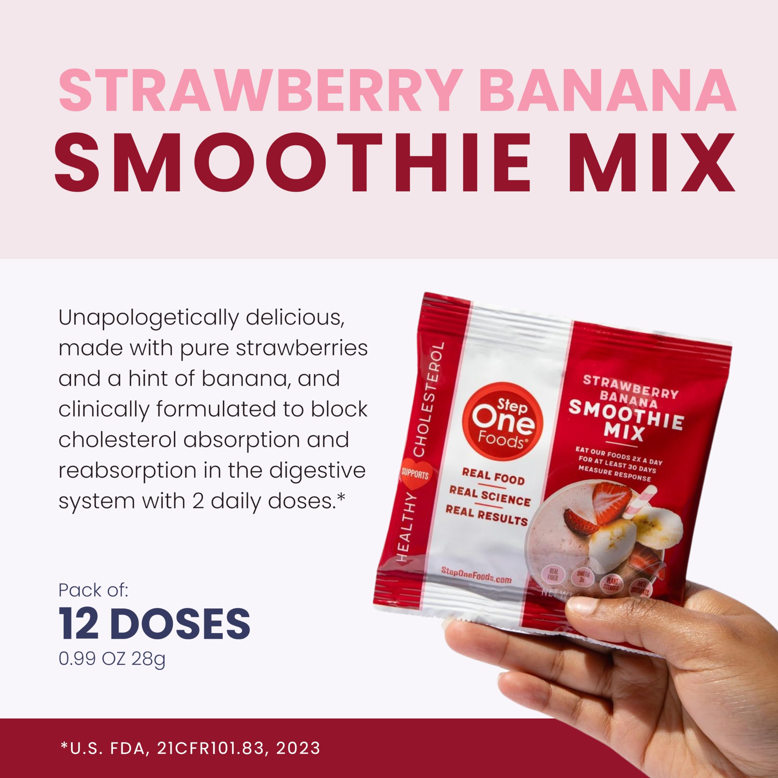 Step One Foods Strawberry Banana Smoothie Mix, Heart Healthy Snack Plant Sterols, Omega 3's and Dietary Fiber Gluten Free Vegan Non-GMO, Individual Packs (12 Pack)