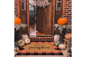 HOMYDECOR Fall Decor Door Mat Combo Set, 100% Coco Coir Welcome Mat + 28 x 43 Inches Orange and Black Plaid Rug- Fall Thanksgiving Front Porch Entryway Floor Doormat, Indoor Outdoor Autumn Mats Hello Pumpkin