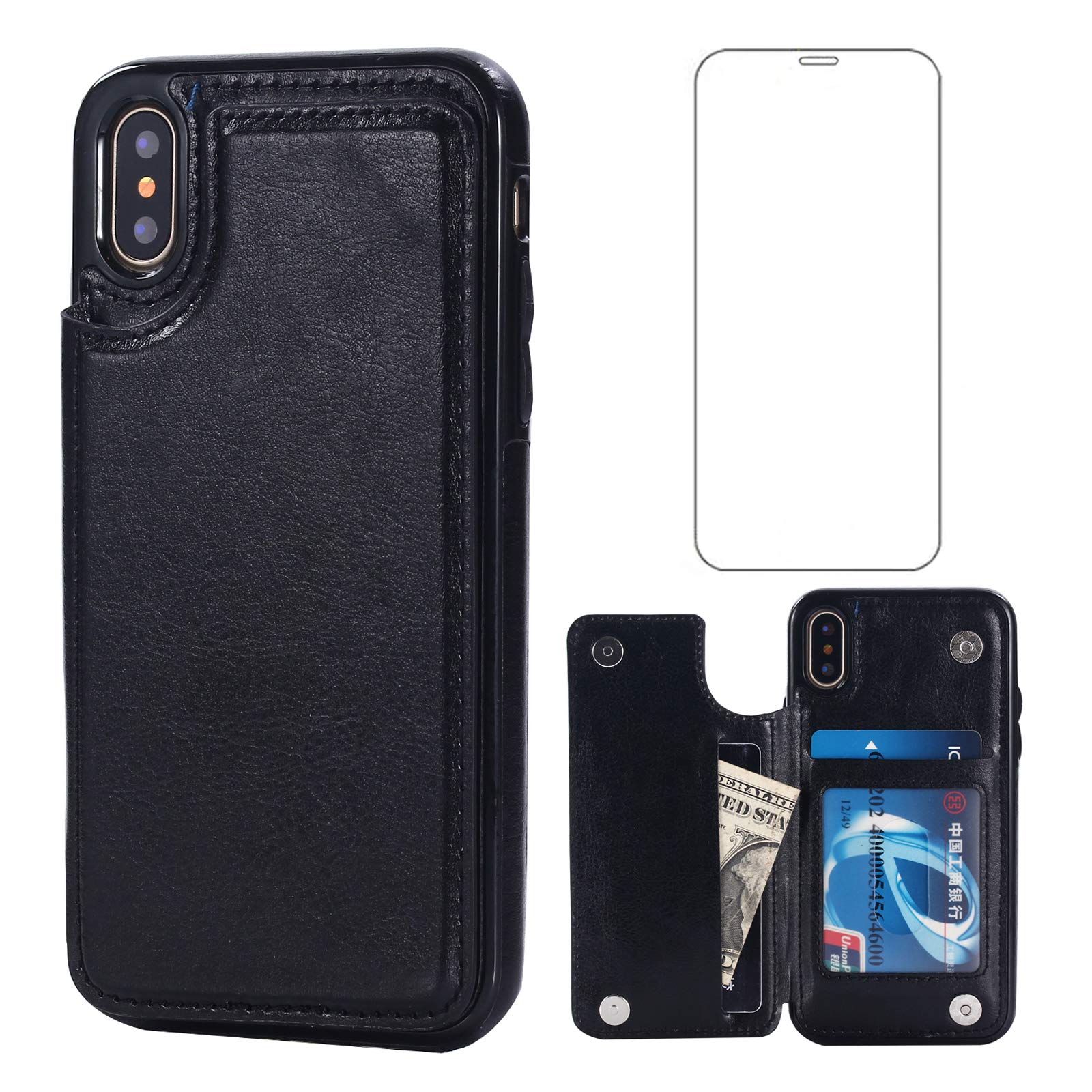 Asuwish Compatible with iPhone Xs X 10 10s Wallet Case Tempered Glass Screen Protector Card Holder Stand Cell Accessories Cover Phone Cases for iPhoneX iPhoneXs iPhone10 i PhoneX SX 10x 10xs X’s Black