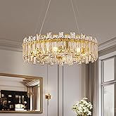Puvaue Modern Luxury K9 Crystal Chandelier 8-Lights Gold Round Pendant Light Easy Install Ceiling Hanging Light Fixture for D