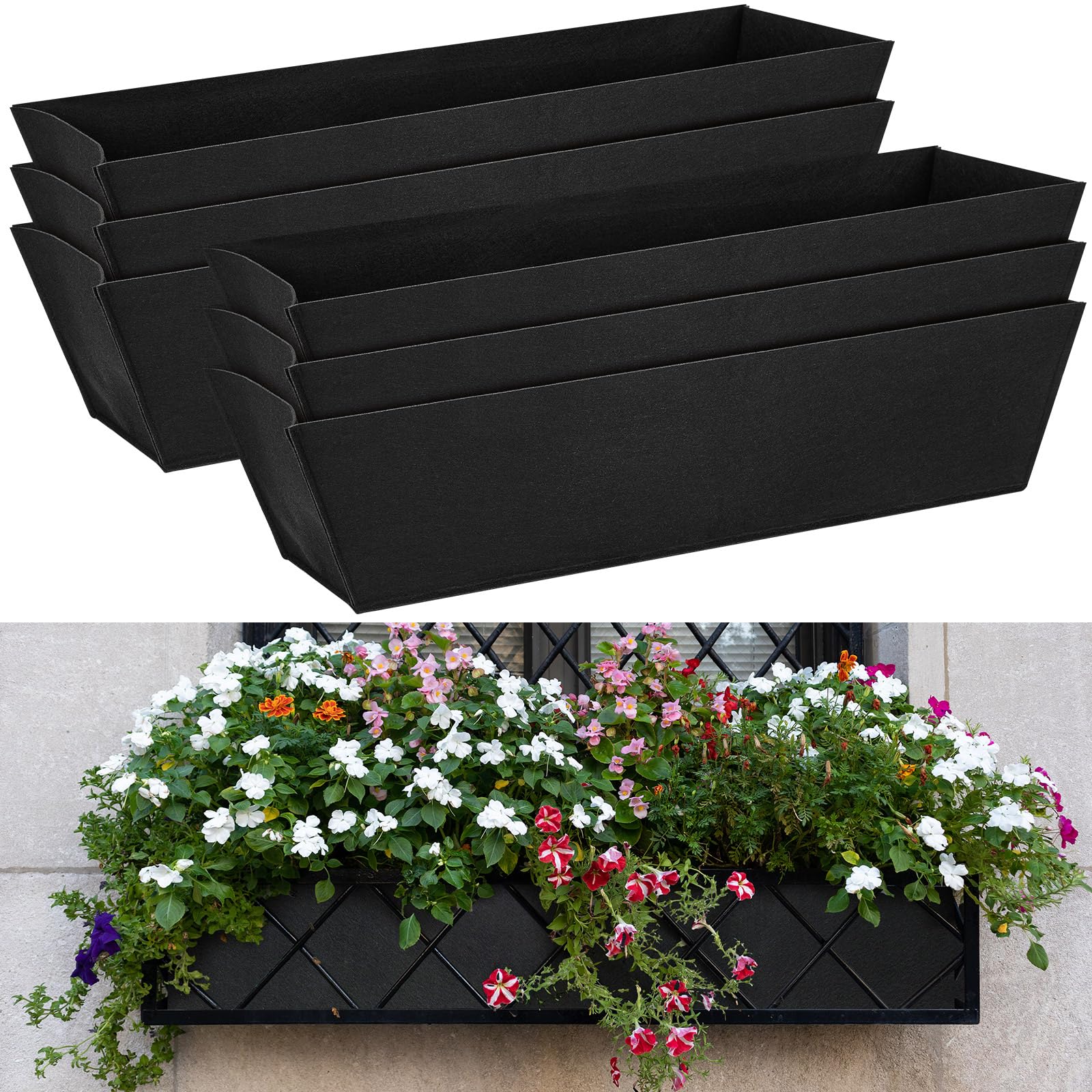 Photo 1 of HunnmingRe 6 Pack 36 Inch Fabric Plant Window Box Liners Rectangular Non-Woven Planter Basket Liner Black Felt Flower Hanging Basket for Outdoor Garden Hanging Planter Flower (Avoid Birds Nesting)