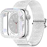 wipalor Bling Stretchy Band with Bling Case Fit Apple Watch Bands for Women 41mm, Elastic Sport Solo Loop iWatch Bands for Cute iPhone Watch Series 9 8 7-Silver Nylon Band+Sparkly Silver Cover
