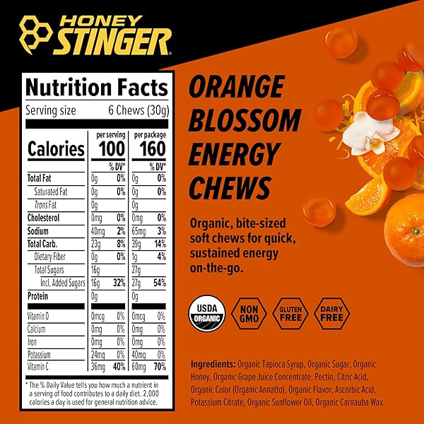 HONEY STINGER ORGANIC ORANGE BLOSSOM ENERGY CHEW | GLUTEN FREE & CAFFEINE FREE | FOR EXERCISE, RUNNING AND PERFORMANCE | SPORTS NUTRITION FOR HOME & GYM, PRE AND MID WORKOUT | 12 PACK, 21.6 OUNCE