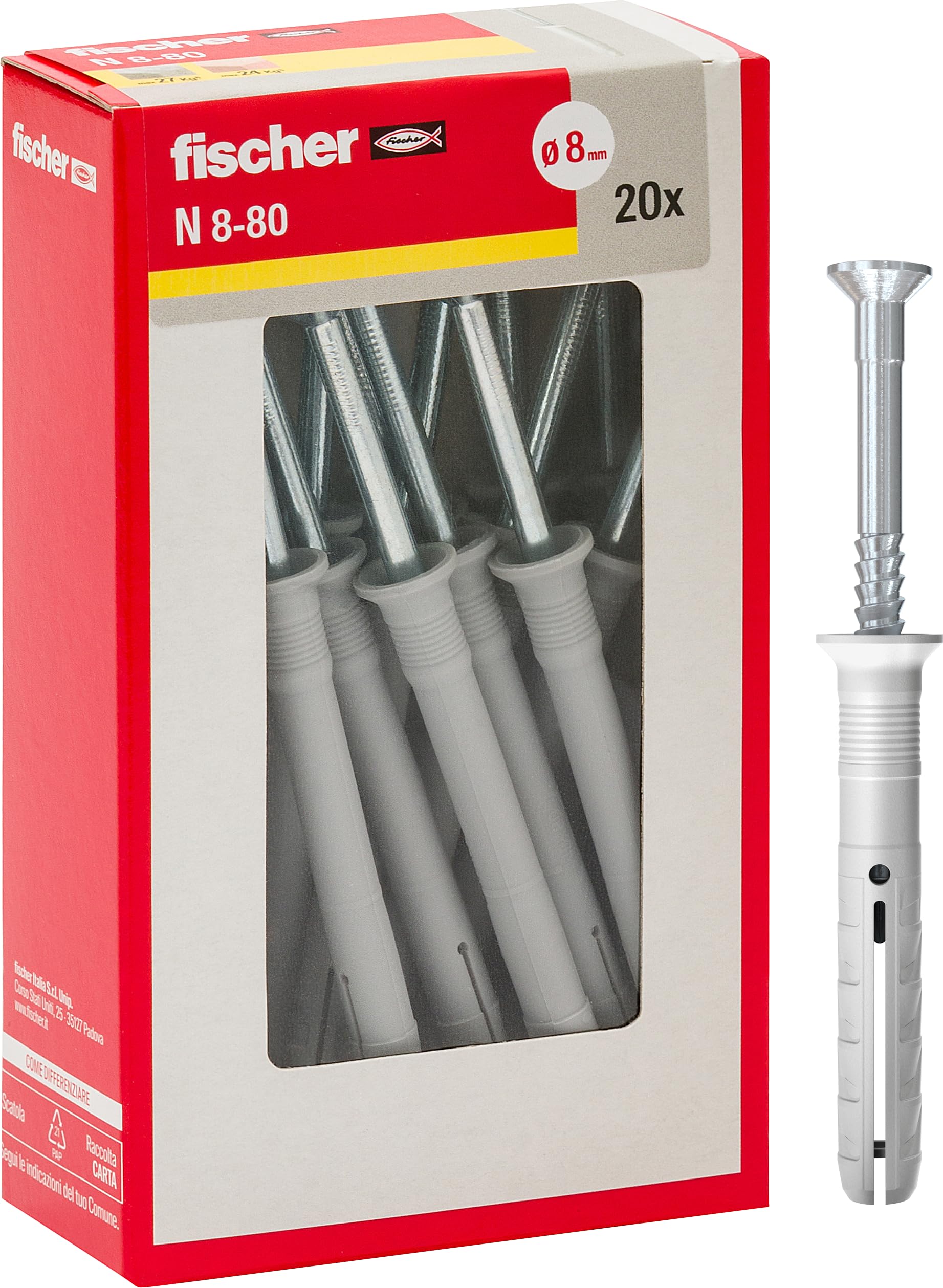 Fischer Prolonged dowels to Beat N 8x80 Y Impact fixing with pre-assembled nail for Full, semi-filled and concrete