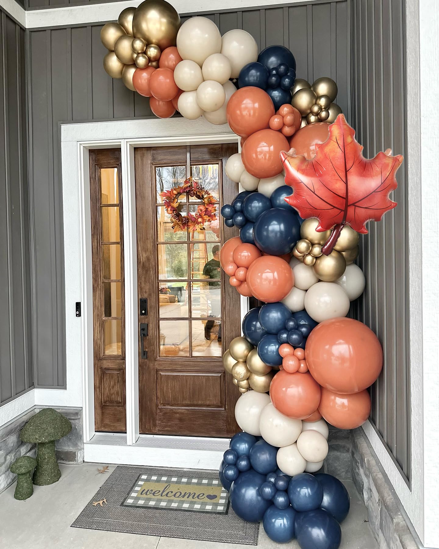 Photo 1 of 137PCS Fall Thanksgiving Balloon Garland Arch Kit with Navy Blue Burnt Orange Balloons Maple Leaf Foil Balloon for Friendsgiving Hello Fall Wedding Birthday Baby Shower Party Decorations