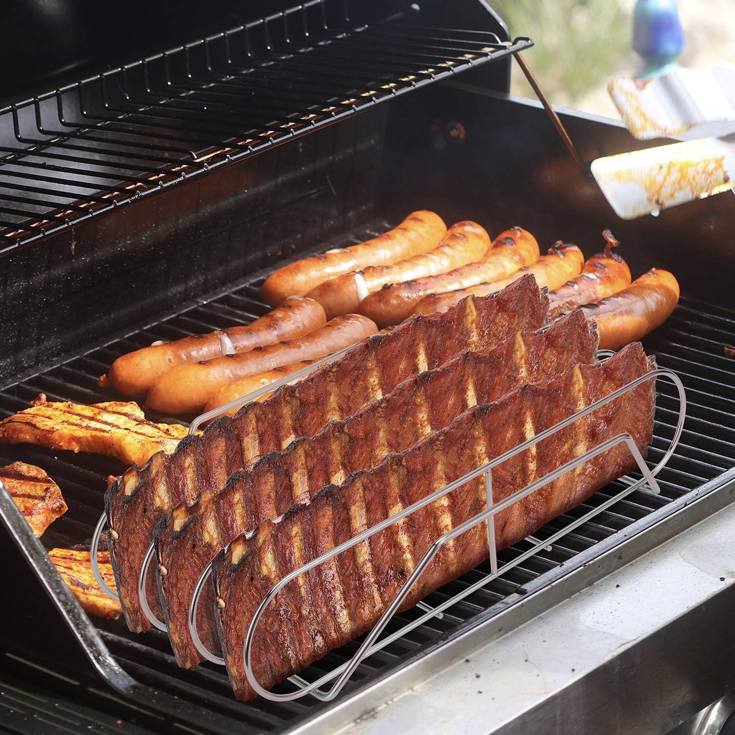 SOLIGT Extra Long 304 Stainless Steel Rib Rack for 18” or Larger Grills - Holds up to 3 Full Racks of Ribs : Garden & Outdoor